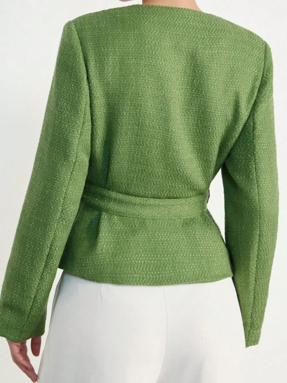 Green Elegant Women's Tweed Blend Round Neck Cinched Waist Casual Blazer Jacket